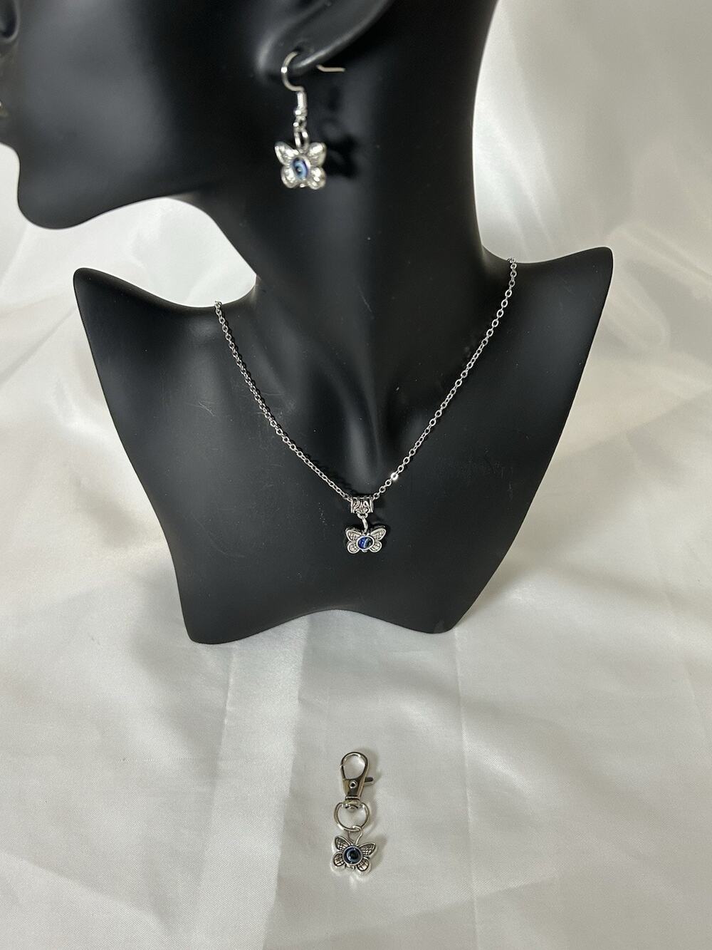 Whimsical Silver Tone Butterfly Necklace, Earrings & Purse/ Keychain Charm Set